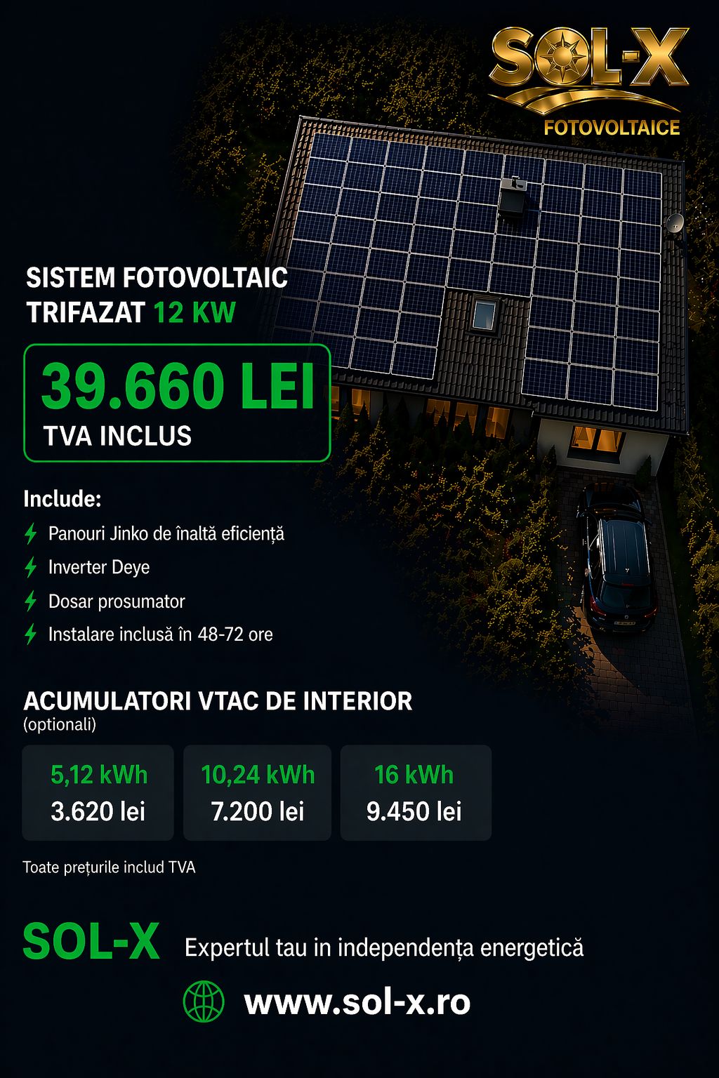 Sistem fotovoltaic trifazat hibrid 12 kW