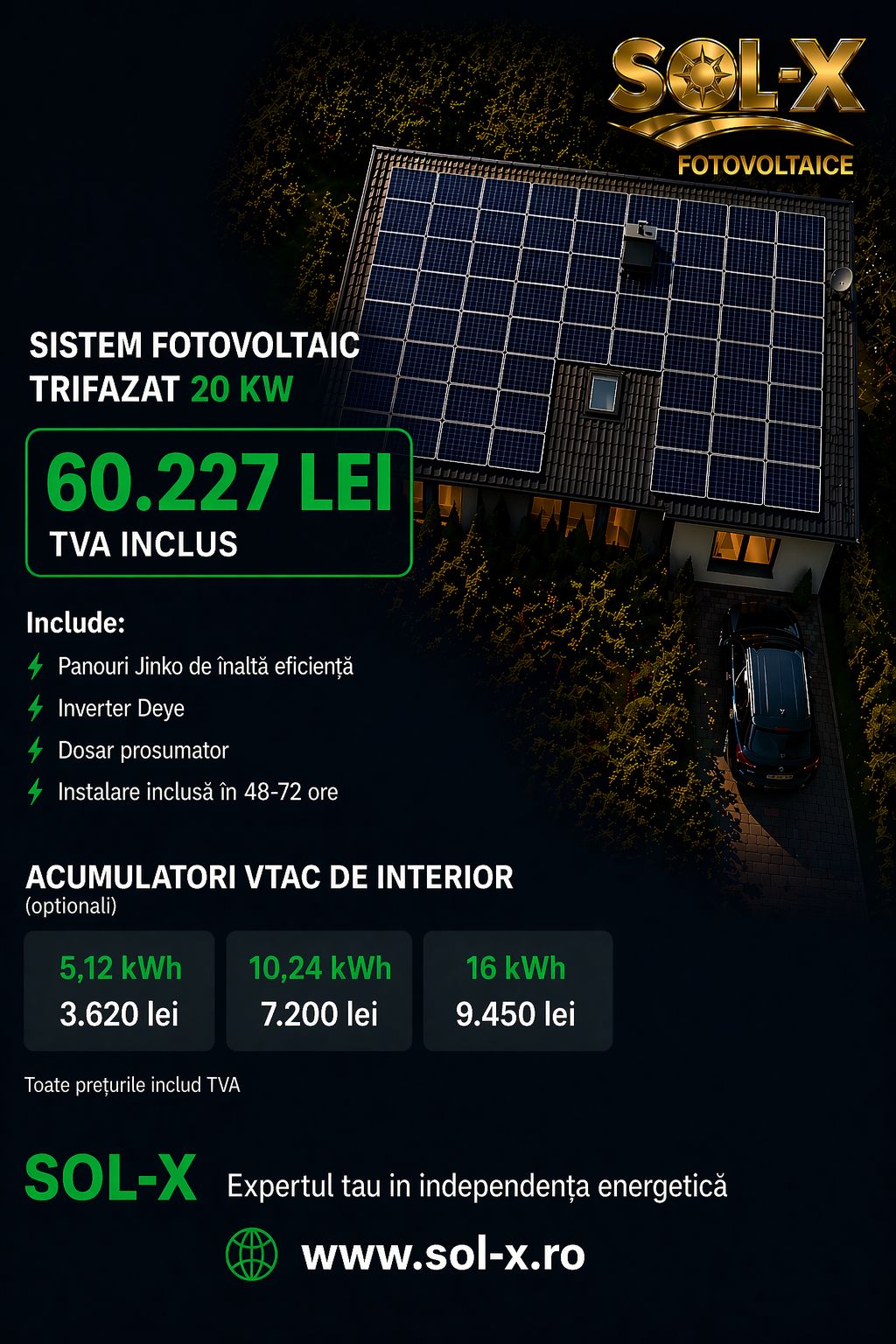Sistem fotovoltaic trifazat on-grid 20 kW pentru hala industriala