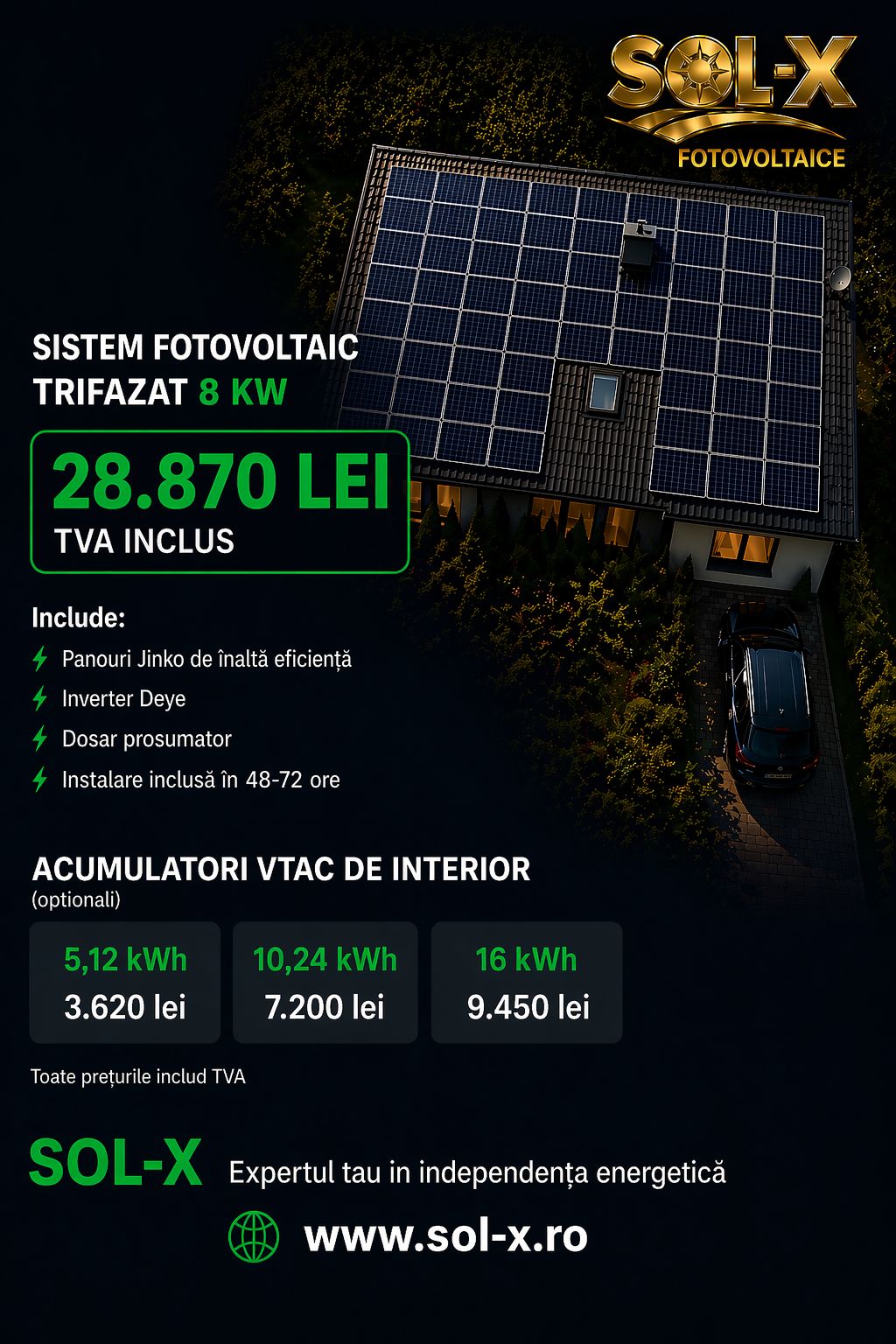 Sistem fotovoltaic trifazat hibrid 8 kW